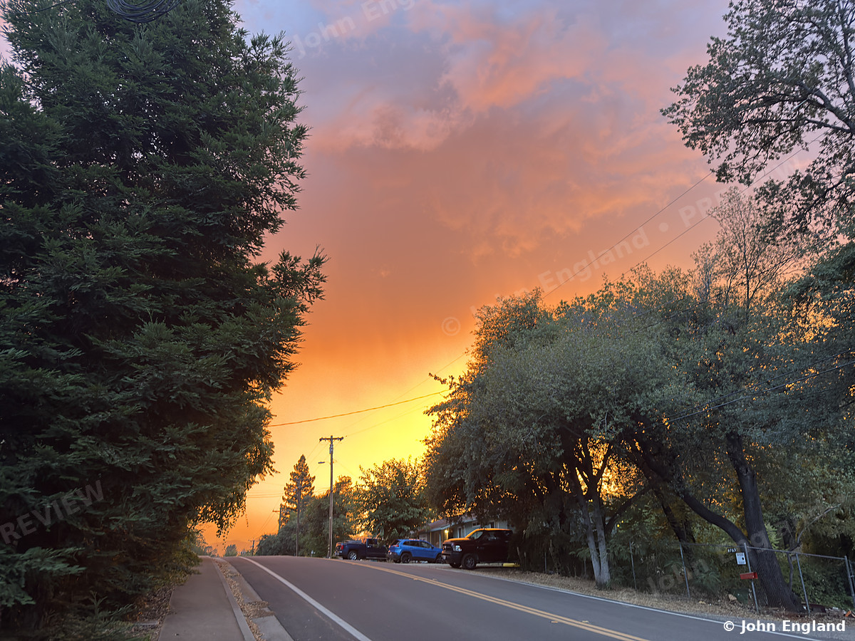 Pine Silhouette Sunset – Sunset glow behind pines, City of Shasta Lake, CA.