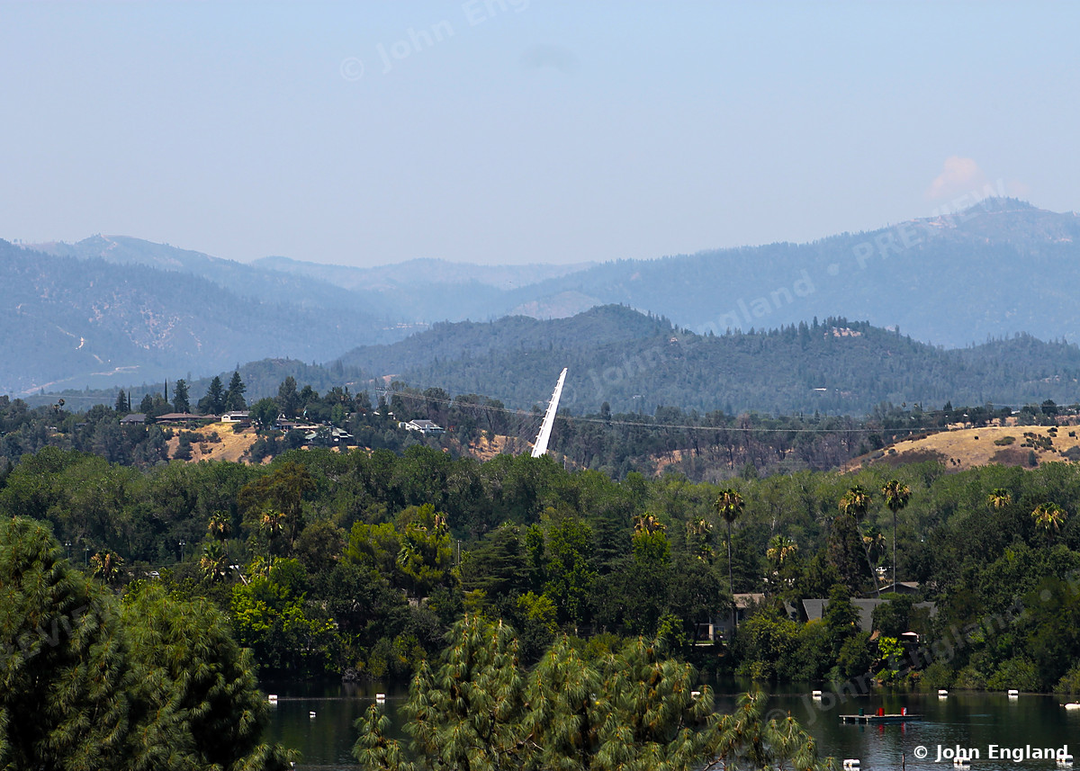Sundial Bridge Pylon – Sundial Bridge pylon over the Sacramento River tree canopy, Redding, CA.