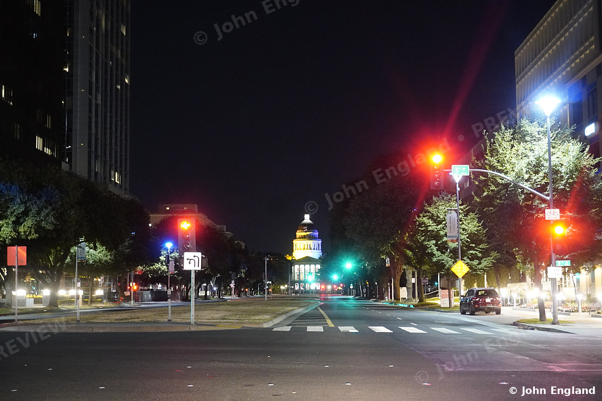 Capitol Dome at Night, Street View – California State Capitol dome at night from a downtown street, Sacramento, CA. June 2021. John England.