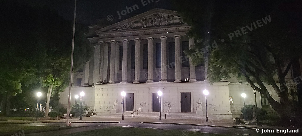 Capitol Portico at Night – California State Capitol portico at night, Sacramento, CA, Aug 27, 2020.