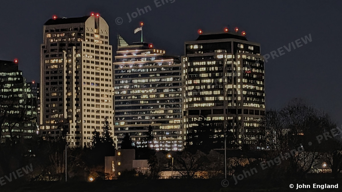 Downtown Sacramento Towers Lit at Night – Downtown Sacramento towers at night, Mar 20, 2024.