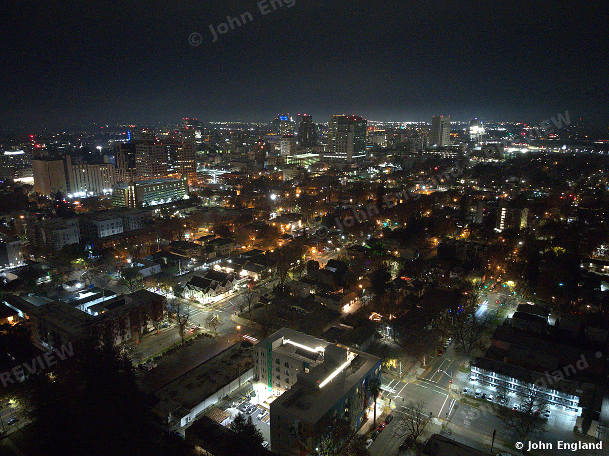 Midtown Lights from Above – Drone view of Midtown and downtown Sacramento lights at night, Dec 2021.