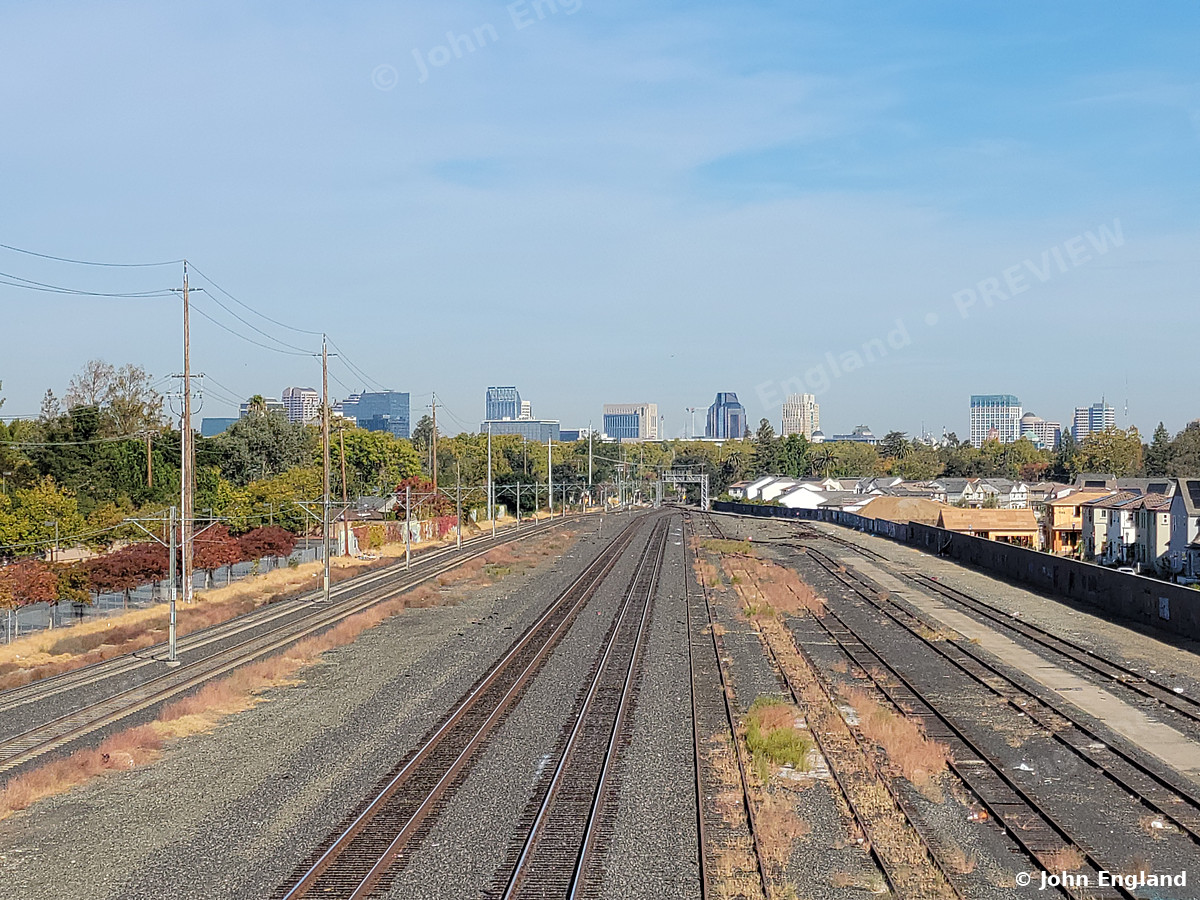 Rails to the Skyline – Railroad tracks toward the Sacramento skyline, Oct 19, 2021.