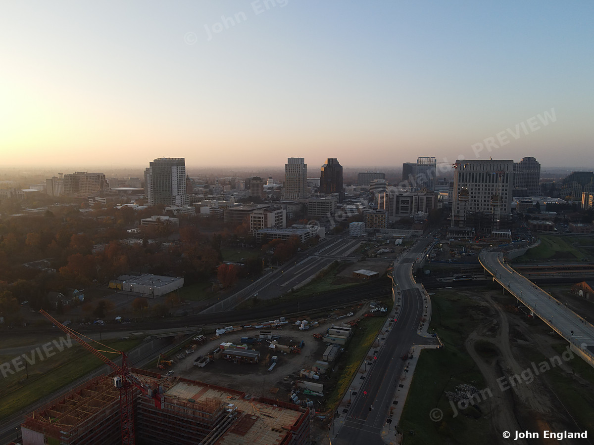 Railyards Sunrise – Sunrise over downtown Sacramento from above the Railyards.