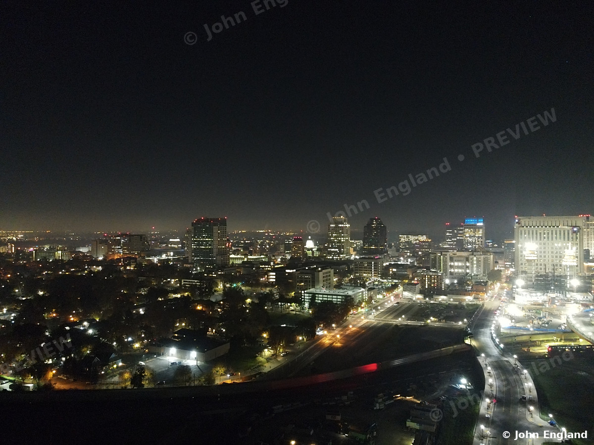 Railyards at Night – The Railyards and downtown Sacramento at night.