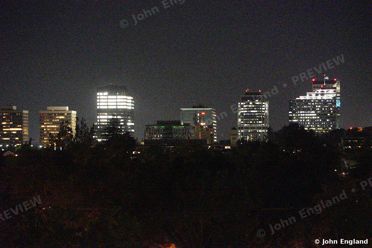 Golden Towers Above the Treeline – Downtown skyline at night across the trees, Aug 11, 2021.