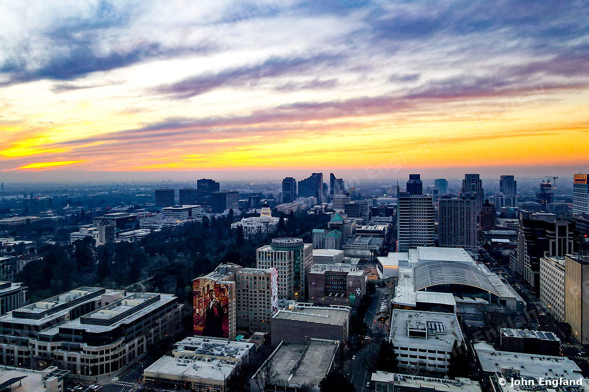 Sunset toward the Capitol – Sunset over downtown Sacramento toward the Capitol dome, Jan 13, 2022.