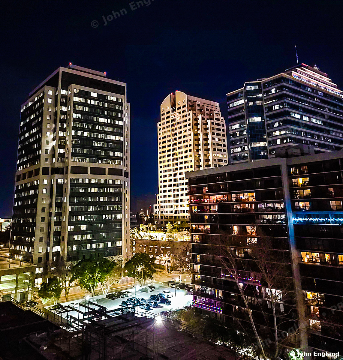 Downtown Towers and Plaza Lights at Night – Downtown towers at night. Dec 29, 2020. John England.