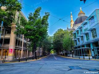 Capitol Dome Down a Tree-Lined Street – Street view toward the California State Capitol dome, downtown Sacramento, CA. Apr 2021. John England.