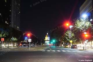 Capitol Dome at Night, Street View – California State Capitol dome at night from a downtown street, Sacramento, CA. June 2021. John England.