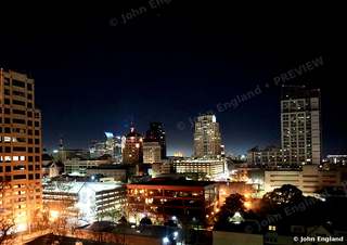 Downtown Sacramento After Dark – Downtown Sacramento skyline at night, Sacramento, CA. Mar 2021. John England.