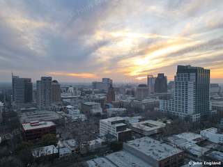 Downtown Sacramento Sunset, Aerial – Sunset over downtown Sacramento, aerial view, Sacramento, CA. Jan 13, 2022. John England.
