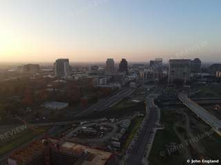 Railyards Sunrise – Sunrise over downtown Sacramento from above the Railyards.