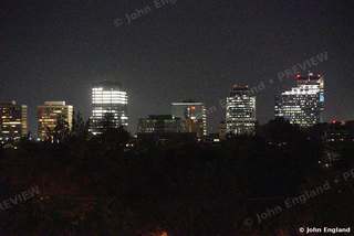 Golden Towers Above the Treeline – Downtown skyline at night across the trees, Aug 11, 2021.