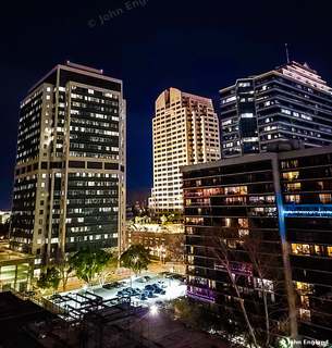 Downtown Towers and Plaza Lights at Night – Downtown towers at night. Dec 29, 2020. John England.